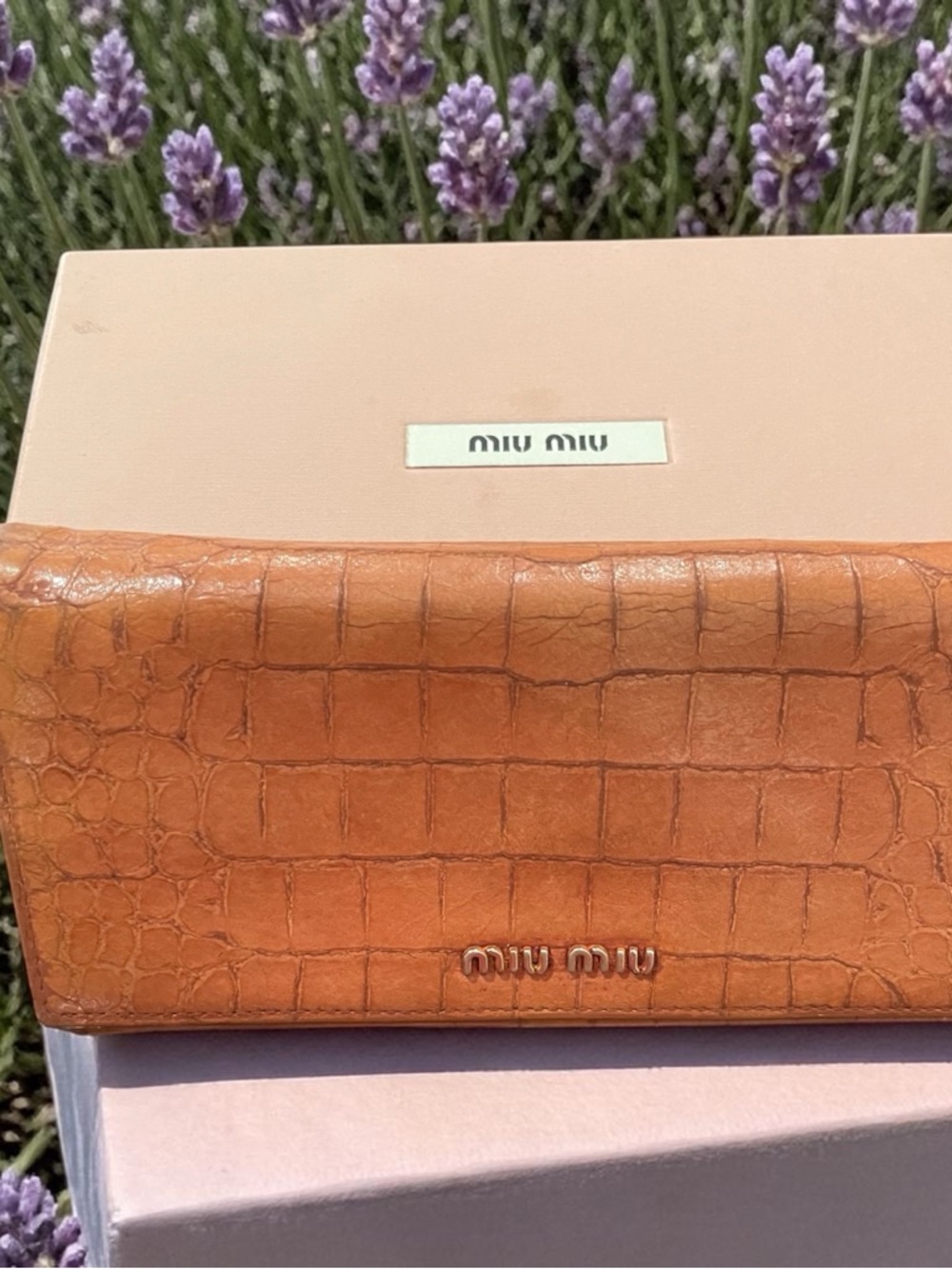 Miu Miu Croc-Embossed Leather Continental Wallet in Terracotta/Orange color